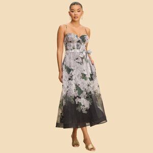 Floral Corset Midi Dress A-Line Wedding Guest Garden Party (Medium)